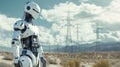 Android robot surveying power grid systems in a vast desert landscape for energy efficiency Royalty Free Stock Photo
