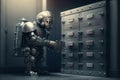 android robot thief, sneaking into bank vault, stealing valuables and making quick getaway