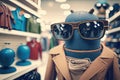 android robot trying on different fashionable glasses in store