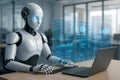 Android robot using laptop and interacting with futuristic data screens artificial intelligence technology Royalty Free Stock Photo