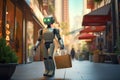 An android robot walks down the street and carries a large shopping bag. Delivery of the future. Cyber delivery