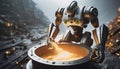 An android robot working in a steel mill