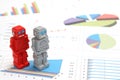 Android robots or artificial intelligence and graphs are written documents on white background.