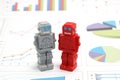 Android robots or artificial intelligence and graphs are written documents on white background.