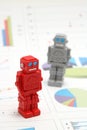 Android robots or artificial intelligence and graphs are written documents on white background.