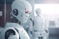 Android white robot thinking in business office closeup. Royalty Free Stock Photo