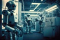 androids working in futuristic and high-tech factory, building other androids of the future