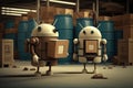 androids working together in factory, carrying out tasks and functions