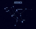 Andromeda constellation, vector illustration with the names of basic stars