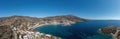 Andros island, of Batsi village, Cyclades Greece. Aerial drone panoramic view of landscape. Banner Royalty Free Stock Photo