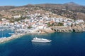 Andros island, Batsi village Cyclades Greece. Aerial drone view of building, port, yacht, sea, sky Royalty Free Stock Photo