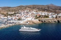 Andros island, Batsi village Cyclades Greece. Aerial drone view of building, port, yacht, sea, sky Royalty Free Stock Photo