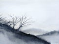 Andscape mountain fog dead dry tree stand alone. traditional oriental ink asia art style Royalty Free Stock Photo