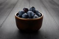 Andscape shot of a 45 degree view of blueberries in a bowl and on dark grey