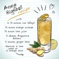 Anejo Highball cocktail, vector sketch hand drawn illustration, fresh summer alcoholic drink with recipe and fruits