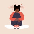 Anemia concept. Sad african woman with dizziness sitting on floor. Unhappy girl suffers from vertigo and headache and Royalty Free Stock Photo