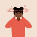 Anemia concept. Sad african woman with dizziness. Unhappy girl suffers from vertigo and headache and needs medical help