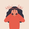 Anemia concept. Sad woman with dizziness. Unhappy girl suffers from vertigo and headache and needs medical help. Lack of