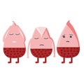 Anemia symptoms in the form of a drop of blood, fatigue, headache, pallor, low hemoglobin, illustration in cartoon style