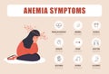 Anemia symptoms. Unhappy arabian girl suffers from vertigo. Headache, fatigue and chest pain. Medical infographic of Royalty Free Stock Photo