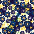 Anemone blue flower dark seamless pattern