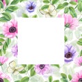 Anemone flower, green leaves and butterfly. Square floral frame. Clitoria, acacia or tea leaf. White cabbage. Watercolor Royalty Free Stock Photo