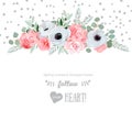 Anemone, rose, pink flowers and decorative eucaliptus leaves vector design card