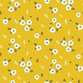 Anemone white flower on yellow seamless vector pattern.