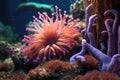 anemonefish hiding between tentacles of a colorful sea anemone