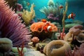 anemonefish playing in a field of exotic sea anemones
