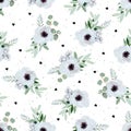 Anemones, brunia flowers and eucaliptis leaves seamless vector print