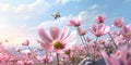 Anemones pink flowers field in the fresh spring against blue sky, Royalty Free Stock Photo