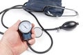 Aneroid manometer of sphygmomanometer in male hand, stethoscope and sphygmomanometer