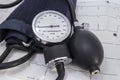 Aneroid sphygmomanometer dial with normal physiological indicators of arterial pressure, bulb, air valve, cuff and black flexible Royalty Free Stock Photo