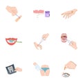 Anesthetic injection, examination of the tooth and other web icon in cartoon style. wound treatment, vision check icons