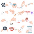 Anesthetic injection, examination of the tooth and other web icon in cartoon style. wound treatment, vision check icons