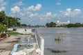 Dams from sand bags prevent flooding from river