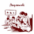 Anganwadi rular indian school. sketch drawing - Vector