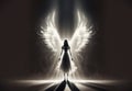 Angel abstract silhouette in white dress with light around him, generated ai