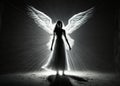 Angel abstract silhouette in white dress with light and shadows around him, generated ai