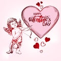 Angel, amyr little baby . Cupid shoots a bow with an arrow at the heart, love, Valentine s day, greeting card hand drawn