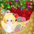 Angel on the background of sweets, decorated Christmas balls branches.