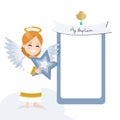 Angel with a blue star. Baptism invitation with message and white background. Vector illustration