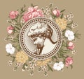 Angel Boy baby child Frame Drawing engraving Vintage background realistic flowers Primrose Roses isolated card Vector Illustration Royalty Free Stock Photo