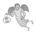 Angel bring antique lantern , Vintage engraving drawing illustration
