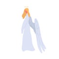 Angel cartoon woman in white dress vector flat illustration. Mythical creature female character with halo and wings