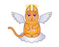 An angel cat with wings and a halo sits on a cloud and plays the harp. Red-haired cute kitty - angel plays the lyre on a cloud