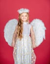 Angel child girl with white wings and angels halo, valentines day. Little princess greeting card. Royalty Free Stock Photo