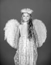 Angel child girl with white wings and angels halo, valentines day. Little princess greeting card. Royalty Free Stock Photo