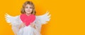 Angel child with heart. Valentine's day. Blonde cute child with angel wings on a yellow studio background. Wide